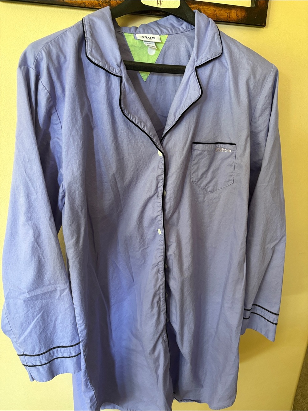 Izod Lavender-Blue Cotton Button Front Pajama Top with Black Piping